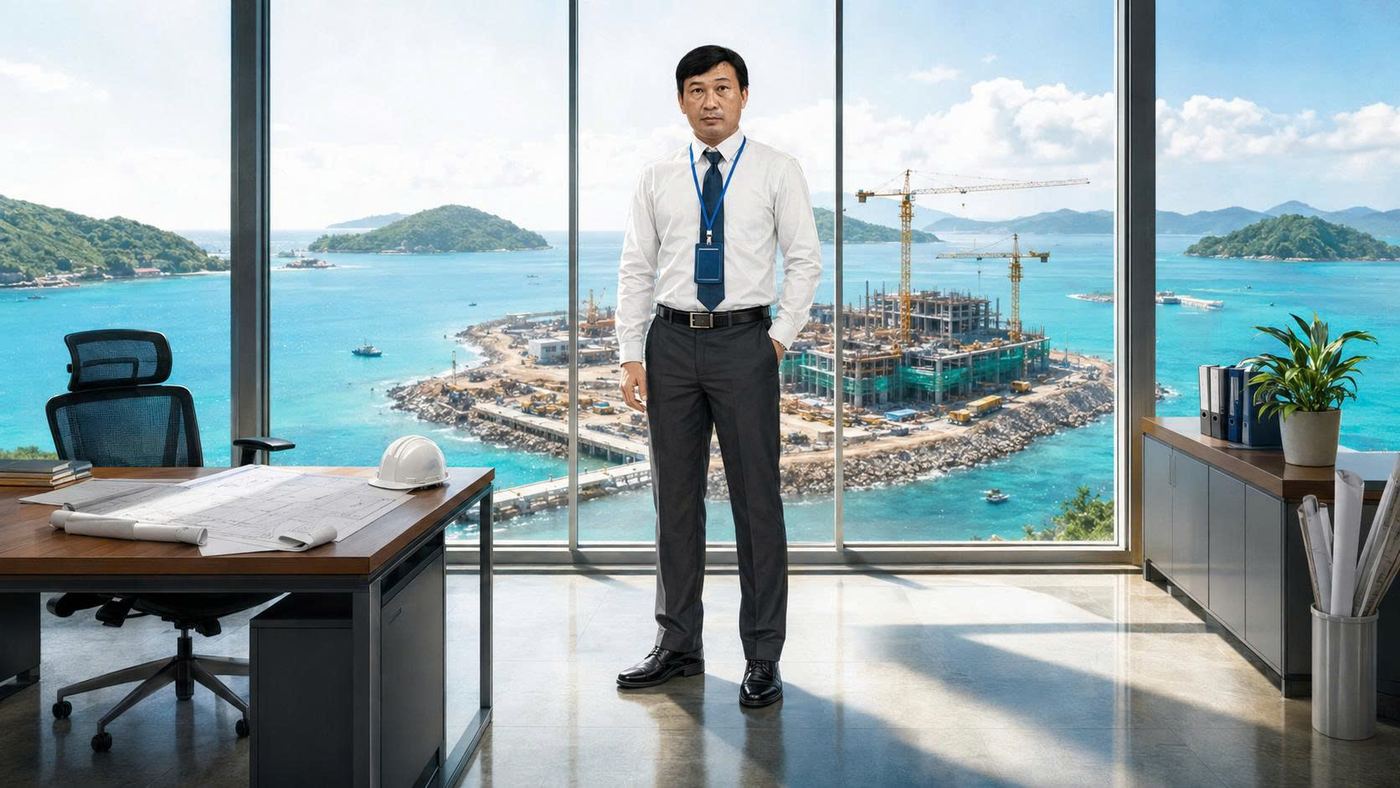 Nguyễn Văn Nhiều đứng trong văn phòng, phía sau là công trường ngoài đảo